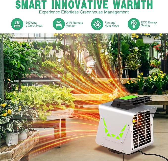 Kiroto 1500w Greenhouse Heater,with APP Remote Control, Portable Outdoor Winter Heater With Thermostat For Plants & Vegetables Grow Tent, Smart Safe