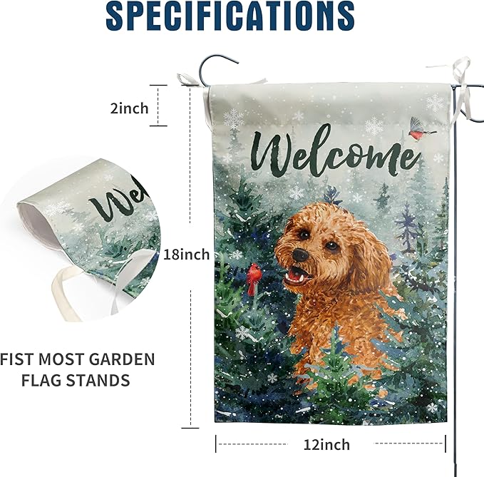 Welcome Winter Garden Flags Golden Doodle Garden Flag Cardinal Birds on Snowy Pine Tree Flag Dog Yard Flags for Outside 12x18 Double Sided Christmas Decorative Lawn Flags