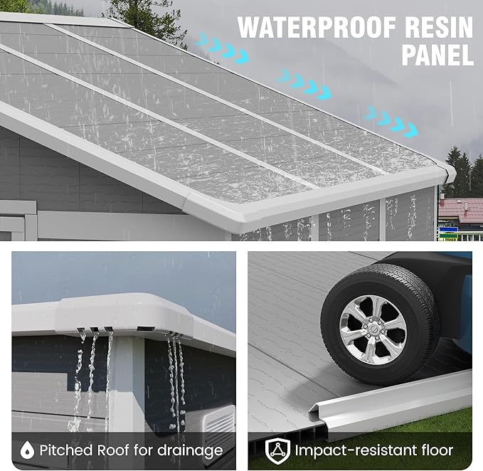 Outdoor Storage Shed, 8x6 FT Resin Shed with Floor and Lockable Door, Window & Vents, Tool Sheds & Outdoor Storage for Bike, Garden Accessories, Tools, Waterproof Grey White