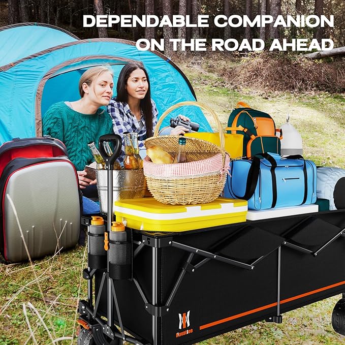 Navatiee 300L Extra Large Collapsible Wagon Cart Foldable, 48''L Extended Heavy Duty Folding Beach Wagon with 440LBS Weight Capacity and Big Wheels, Utility Garden Cart for Sports Camping
