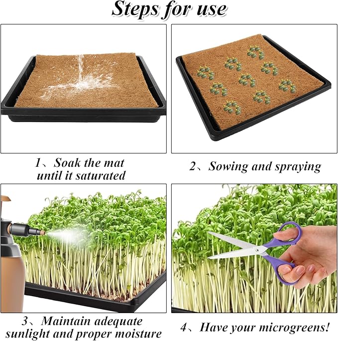 12 Set Microgreens Growing Mat with Tray 10 x 10 inch Square Growing Trays for Micro Greens Seeds Sprout, Microgreen Growing Kit Herb Plant Starting Kit with Jute Pads for Indoor