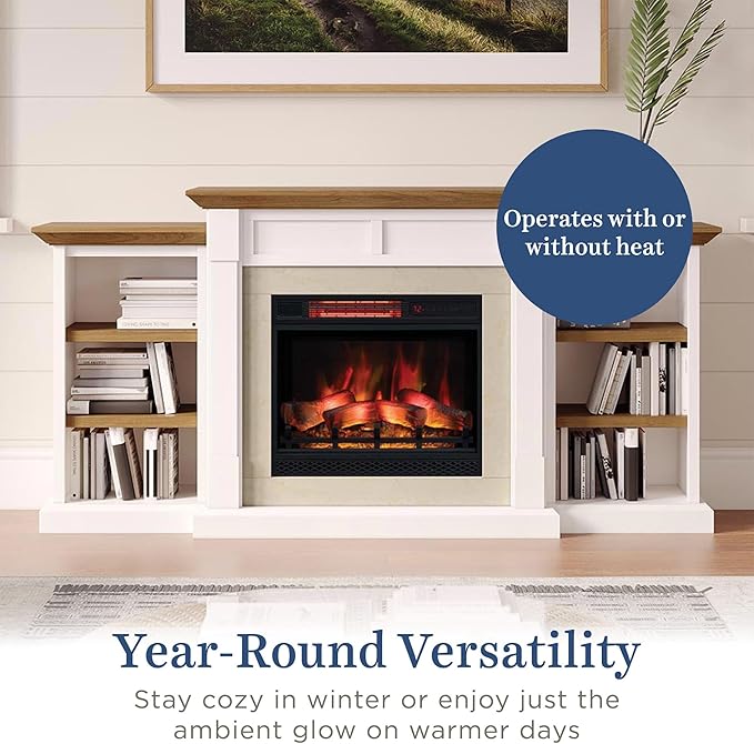 Country Living Belhaven 74 Inch Bookcase Mantel Package | 23 Inch Electric Fireplace Insert Heater with Remote | Warm Walnut Shelving | Marble or White Trim | Multi-Color Flames