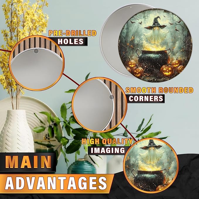 PEACHGARDEN Round Halloween Spooky Ghost With Witch Hat Wreath Vintage Sign Halloween Pumpkin Metal Tin Sign for Home Bar Kitchen Hotel Dining Room Coffee 8x8inch