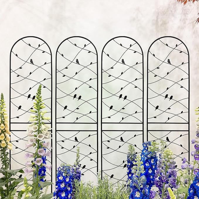 4 Pack Metal Garden Trellis 86.7" Tall Outdoor Climbing Plant Support for Roses, Flowers, Rustproof Durable Black Galvanized Tube, Lawn Garden Fence Decor Screen (4, Black birds-86.7" H)