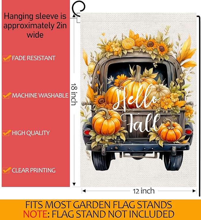 Hello Fall Pumpkin Truck Garden Flags 12x18 Vertical Double Sided, Autumn Thanksgiving Yard Flag for Outside, Holiday Seasonal Outdoor Decorations for Home