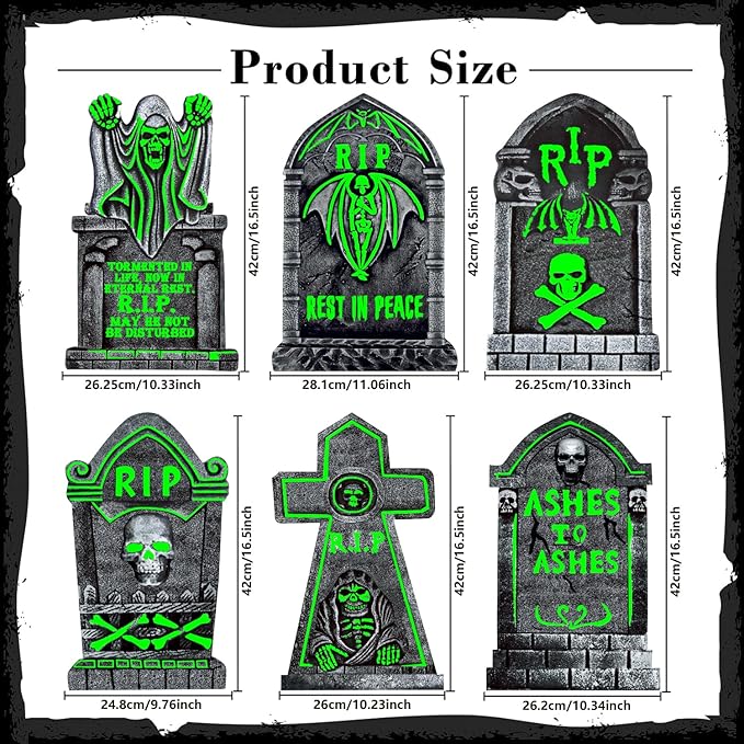 Large Halloween Tombstones Decorations, 6 Pack 16.5”x 11” Outdoor Graveyard Yard Stakes, Waterproof Plastic Halloween Gravestones with 12 Stakes for Cemetery Lawn Displays
