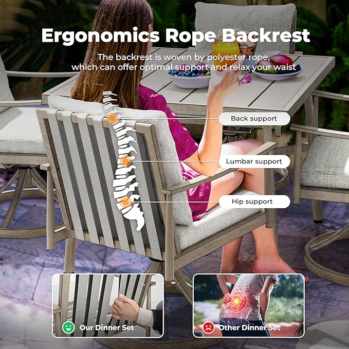 HAPPATIO 5-Piece Outdoor Dining Set for 4, Aluminum Patio Dining Set Includes 1 Large Square Table with Umbrella Hole & 4 Swivel Dining Chairs, Patio Furniture Set for Lawn, Porch, Backyard (Grey)