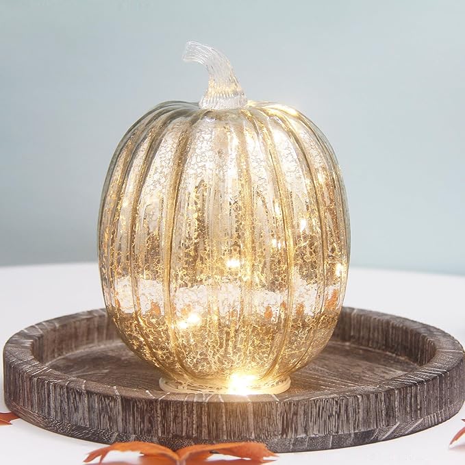 Mercury Glass Pumpkin Lights with Timer, Battery Operated Led Pumpkin Lights for Halloween Fall,Thanksgiving Rustic Decor (Silver Common, 8")