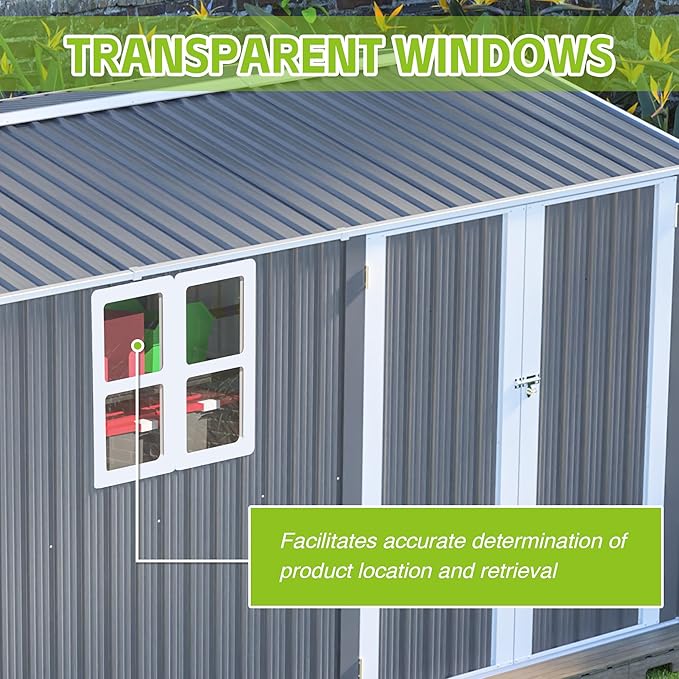 8x12 FT Large Metal Outdoor Storage Shed with Transparent Window, Outdoor Shed w/Floor Fram and Lockable Door, Tool Storage Cabinet for Backyard Garden Patio Lawn, Gray