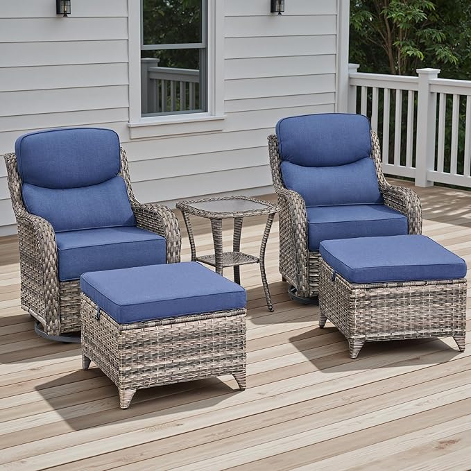 Wicker Outdoor Patio Furniture Set - 5 Piece Patio Conversation Sets with Swivel Rocker Chairs, Ottomans and Side Table, 6 inch Cushions, Waterproof Wicker, for Porch Deck Mixed Grey/Blue