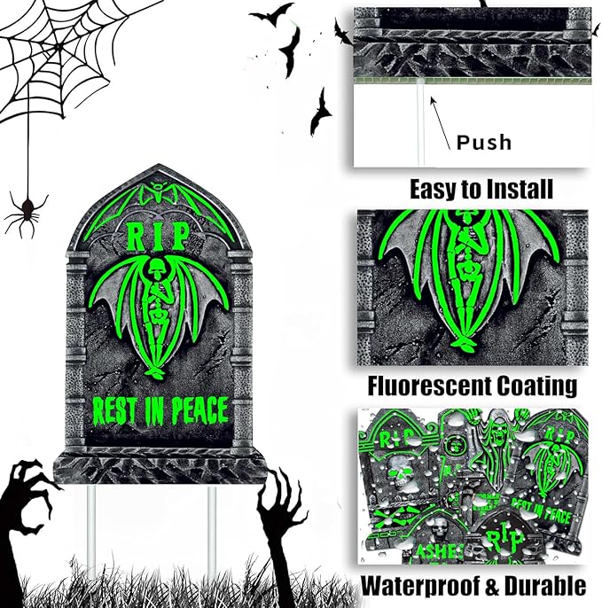 6 Pack Light Up Halloween Tombstones Decoration, 16.5"x11" Spooky Graveyard Decor for Outdoor Yard Parties, Waterproof Plastic Grave Markers with 12 Stakes for Cemetery Lawn Displays