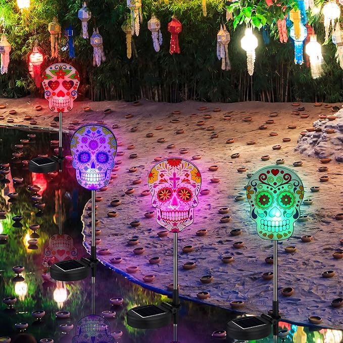 Retisee 4 Pack Day of The Dead Sugar Skull Solar Lights with Stakes Outdoors Skull Solar Yard Decorations Waterproof Lights for Halloween Outdoor Garden Lawn Patio Porch Pathway Decor Favors