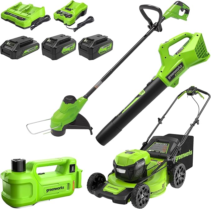Greenworks 48V (2x24V) Cordless Yard Tool Combo - 21" Self - Propelled Lawn Mower, 12" Trimmer, Blower + 24V Cordless Battery Car Jack