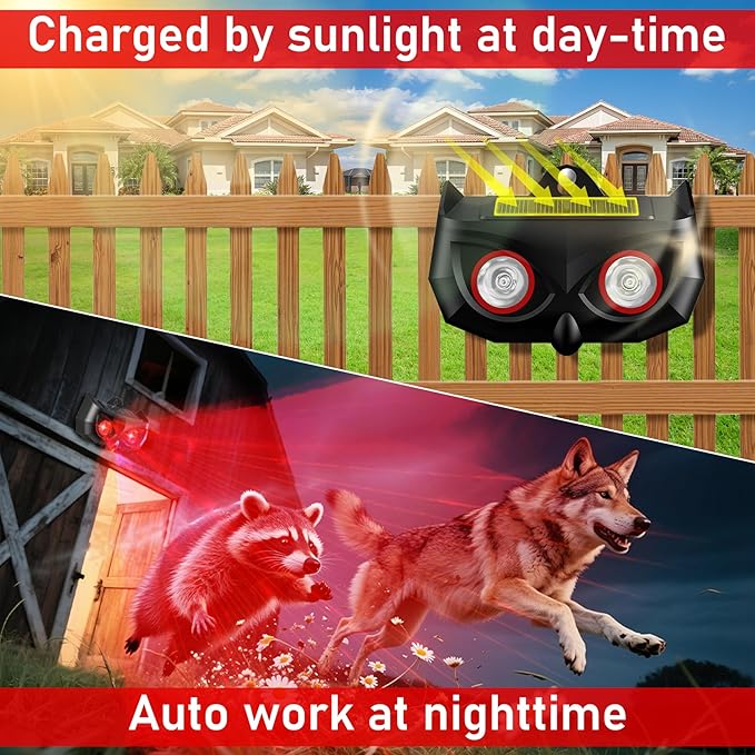 2025 Solar Nocturnal Animal Repeller,4 Pack Racoon Repellent Outdoor,Waterproof Deer Repellent Device,Wall-Mounted Red Flashing Light, Skunk Fox Coyote Deterrent for Chicken Coop Garden Yard