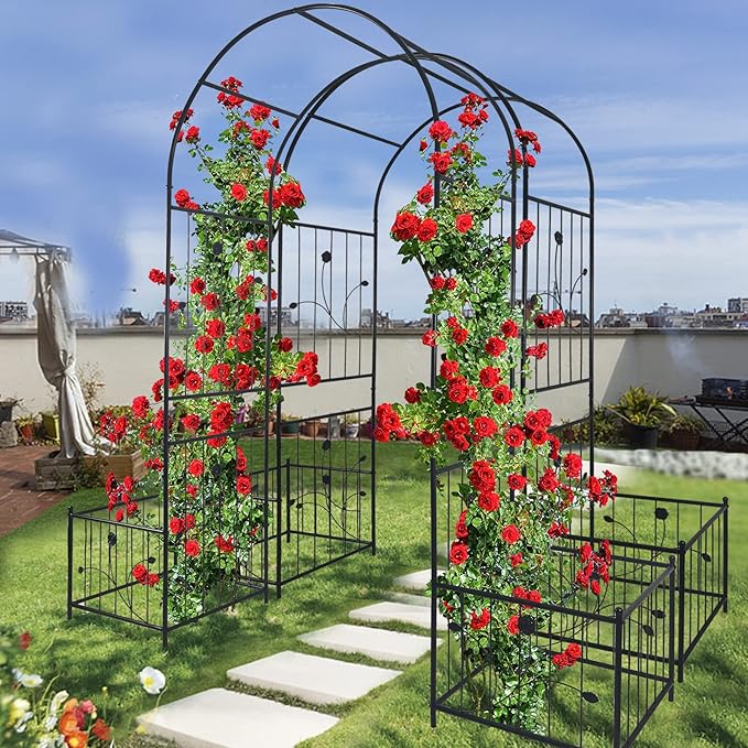 Metal Garden Arch with 2 Plant Stands, Garden Arch Trellis for Climbing Plants Outdoor, Garden Arbor for Weddings Party Events Decoration, 79.5" L X 19.7" W X 86.6" H, Black