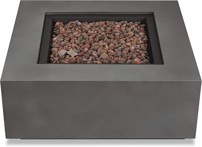 Real Flame Aegean 36”in Square Propane or Natural Gas Fire Pit Table, 50,000 BTU, Powder-Coated Steel, Push-Button Ignition, CSA Certified, Lava Rock, Storage Cover, Stainless Steel Burner with Lid