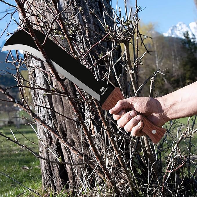 Billhook Sickle Machetes, 15.6" Sharp Machete for Yard Work, Machete for Cutting Trees Heavy Duty, Gardening Machetes with No-Slip Wood Handle and Nylon Sheath, Sickle Knife Machetee for Grass