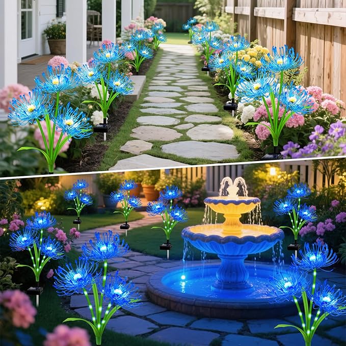Solar Outdoor Lights Blue Spider Lily – 4 Pack 12-Head Waterproof Garden Flower Lights with Glowing Stems,Decorative Solar Powered Yard,Patio & Lawn Decor,Halloween & Gardening Gifts for Women Grandma