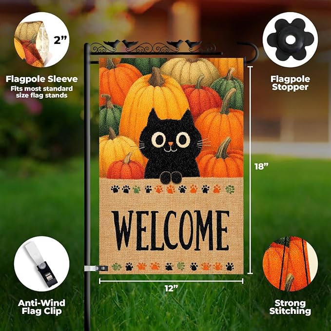 Halloween Garden Flag – Black Cat Pumpkin Patch Welcome Flag, 12x18 Double Sided Burlap Halloween Yard Flag for Outside, Seasonal Fall Outdoor Decoration, Weatherproof
