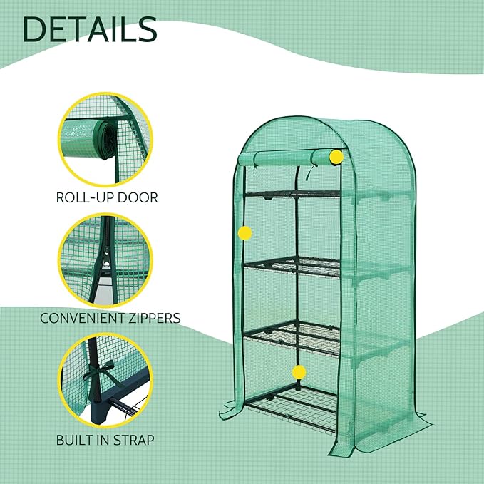 EAGLE PEAK Mini Greenhouse with Wire Shelves, Portable Indoor & Outdoor Green House with Roll-Up Zipper Door, 4 Tier, 31.5”x17.7”x63.0”, Green PE Cover