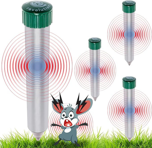 4 Pack Sonic Mole Chaser - Battery Operated Pest Repeller Stake, Scares Away Moles, Voles, Gophers and Rats by Reusable Revolution (Metal & Green)