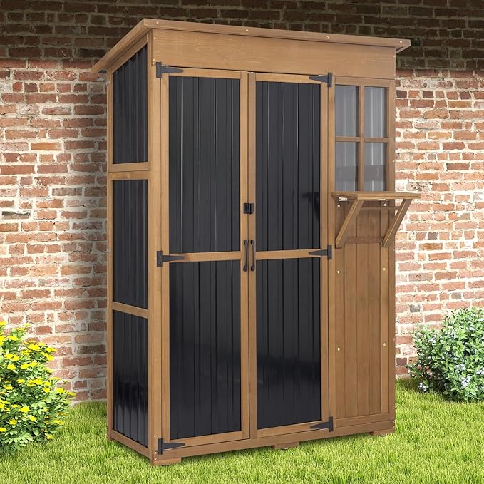 Large Outdoor Storage Cabinet Waterproof with Shelves, Outside Storage Shed Tall Backyard Cabinet with Fold-Out Table for Patio, Garage, Garden, Pool Accessories Storage (70.5" H x 51" L)