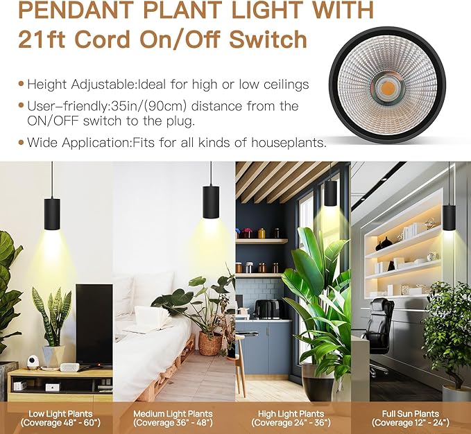 STERREN Plant Grow Light,Led Pendant Light for Indoor Plants,Full Spectrum Hanging Grow Lights with 21 FT Height Adjustable Power Cord, ON/Off Switch Black Plant Lights for Indoor Plant Growing
