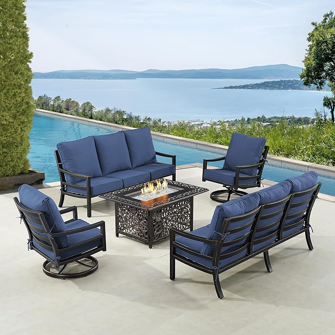 Oakland Living Black Aluminum Patio Fire Table Set with Two Deep Seating Sofa with Cushions and Two Club Chairs with Blue Cushions
