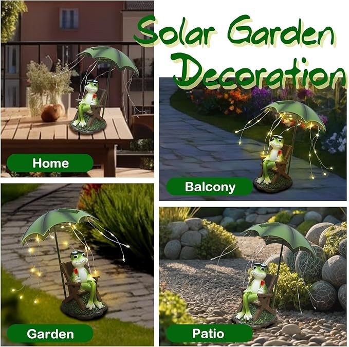 Solar Frog Outdoor Garden Statues Yard Decor - Solar Lantern LED Red Wine Frogs Umbrella Figurine with Lights Waterproof, Animal Statue Decoration Ornaments for Patio/Lawn Balcony/Backyard/Home