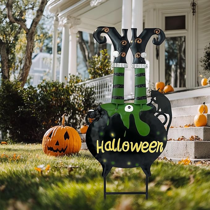 HONGLAND Halloween Decorations Witch Cauldron Garden Stake, Witch Feet Cauldron Eyeball Black Cat Halloween Decor for Outdoor Porch- 31 Inch