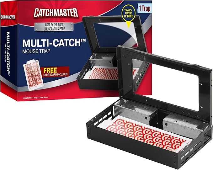 Catchmaster Pro Series Multi-Catch Mouse Trap, Humane Mouse Trap Indoor for Home, Includes 1 Replaceable Glue Board, Pet Safe Pest Control, Live Catch for Garage & Shed (Black)