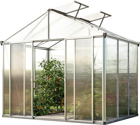 Greenhouse Rubin 3 Aluminum Frame 8.6 x 6.4 ft with Approx. 10 mm Polycarbonate Panels - with 2 Extra Skylights and 2 Automatic Window Openers