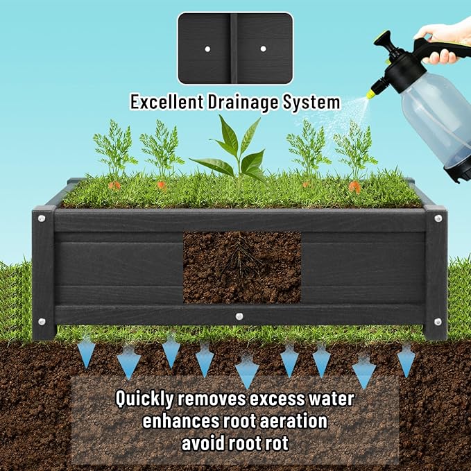 HDPE Raised Planter Box Outdoor,Rot-Resistant and Non-Cracking,Raised Beds for Gardening 29.5 * 14.4 * 9.8 in for Yard,Lawn,Outdoor Planter Boxes Rectangle with Drainage Holes Black