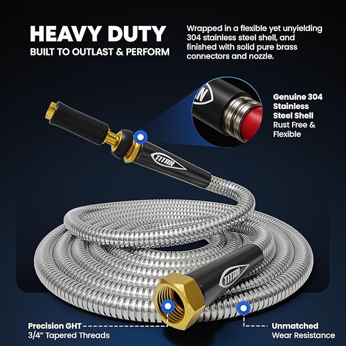 TITAN Garden Hose 9FT - 304 Stainless Steel Metal Water Hose, Flexible, Kink-Free, Lightweight, Durable, Crush Resistant Fittings, Easy to Coil, 500 PSI