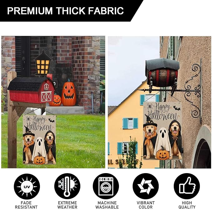 Happy Halloween Garden Flag Cute Puppy & Ghost Garden Flag Vertical Double Sided Rustic Farmland Burlap Yard Lawn Outdoor Decor 12.5x18"