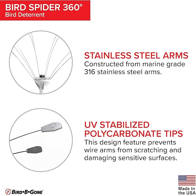 Bird B Gone - Bird Spider 360 Repellent - Deters Seagulls and Other Birds from Landing - Durable Weatherproof Design - for Boats, Docks, Roofs, Etc - Easy Installation - with PVC Base - 6ft