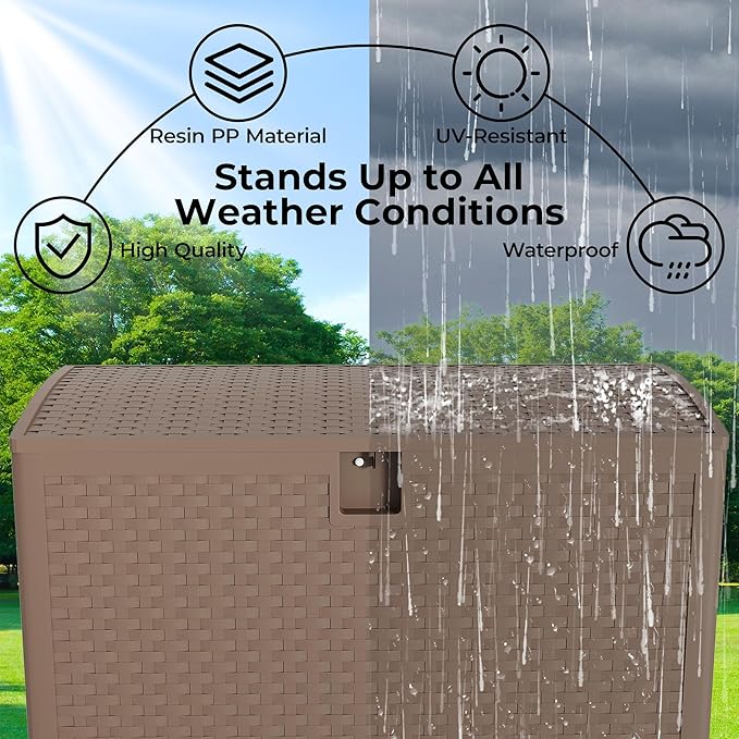 120Gallon Brown Resin Deck Box, Outdoor Storage Box Waterproof Lockable, Patio Deck Box For Package Delivery, Outside Storage Box Container for Furniture Cushions, Garden Tools, Pool Accessories