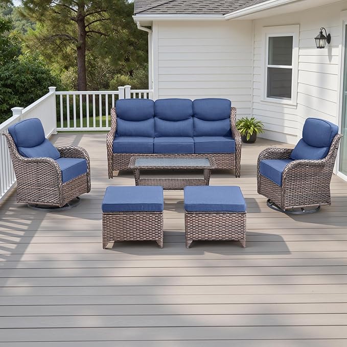 Wicker Outdoor Patio Furniture Set - 6 Piece Patio Conversation Sets with Swivel Rocker Chairs, Ottomans, Sofa and Table, 6 inch Cushions, Deep Seating, for Porch Deck Brown/Blue