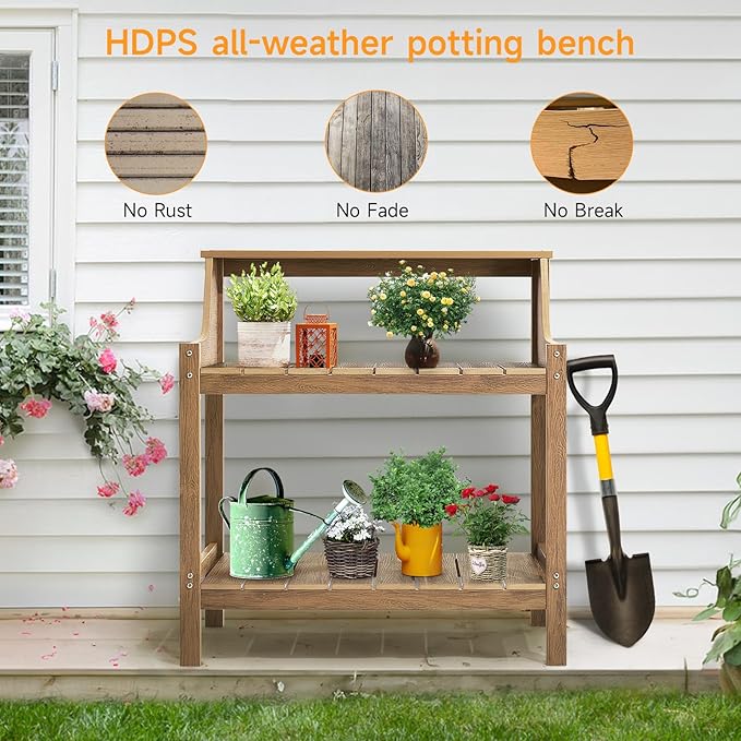 Potting Bench Table, HDPS Potting Bench with 4 Side Hooks, All-Weather Garden Table Work Station, Outdoor Potting Table for Porch, No Rust, No Fade, No Break, 360lbs Capacity (Teak, Large)