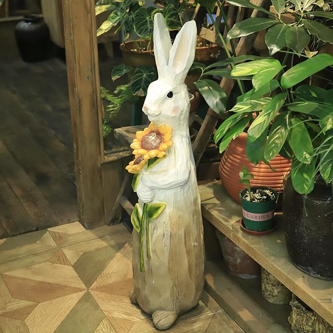 ZOEJADE 35"H Resin Large Rabbit Statue Bunny with Sunflowers Sculpture Outdoor Statues Indoor Decor Animal Ornament for Home Garden Lawn Yard Patio Balcony Gifts Birthday Easter Housewarming Christmas