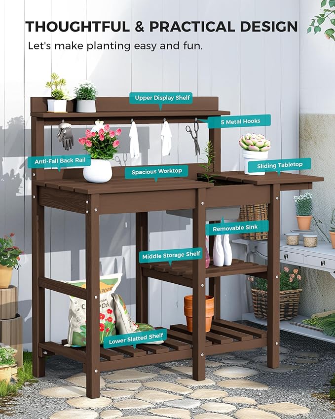 SERWALL Potting Bench Outdoor Potting Table with Sink, HDPE Potting Benches for Outside Gardening Table All Weather Use- Coffee