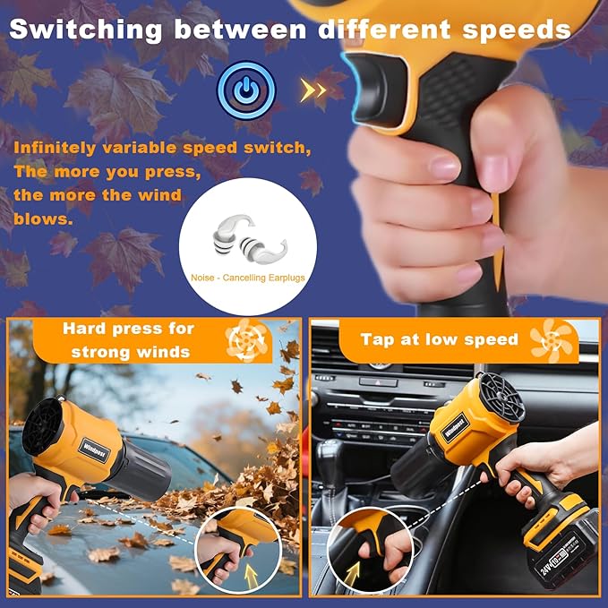 Small Cordless Leaf Blower,Leaf Blower Cordless,300,000RPM Turbo Jet Blower, with 1 X 24VX 4.0Ah Battery and Charger,for Patio Cleaning, Lawn Care, Car Cleaning and Dust Etc,3 Blowing Nozzles-Black