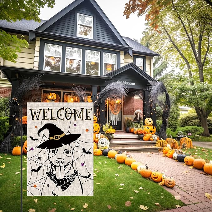 Halloween Garden Flag Pitbull Cobweb Bats Double Sided Vertical Welcome Flag Seasonal Holiday Outdoor Yard Lawn Party Decorations 12.5 x 18 Inch