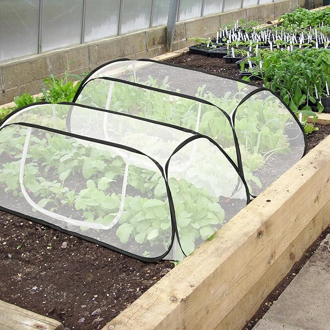 2 Pcs Pop Up Garden Rows Plants Cover, 45" x 22" x 16" Raised Garden Beds Vegetable Rows Plant Protector, Insect Bird Barrier Plant Net Cage with Stakes for Protecting Seedlings Fruits Vegetable Row