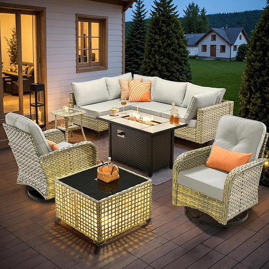 HOOOWOOO Outdoor Patio Furniture Set with Fire Pit Table,9 Pieces Wicker Out Door Sectional Furniture L Shaped Couch,Outside Patio Conversation Sets Swivel Chair,Light Gray