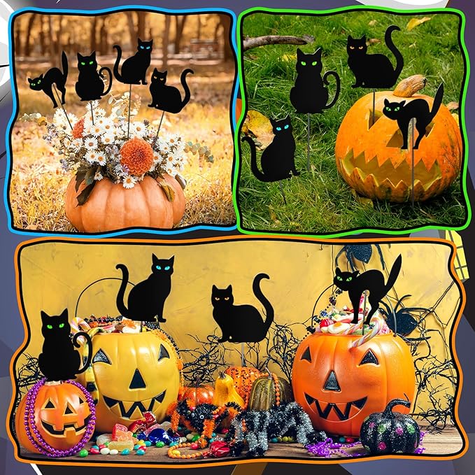 Chunful 4 Pcs Halloween Decorative Garden Stakes Black Cat Garden Stakes for Flower Planter Pot Outdoor Metal Yard Sign Black Cat Decorations Halloween Patio Lawn Decor