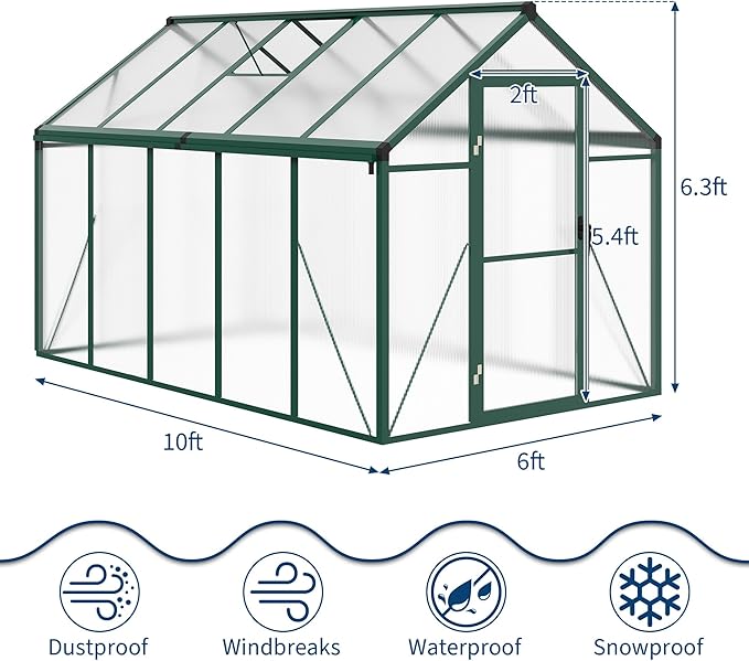 6x10 FT Greenhouse for Outdoors, Polycarbonate Flower Greenhouse with Roof Vent, Push-Pull Lockable Door, Aluminum Walk-in Greenhouses for Outside Garden Backyard, Patio, Lawn, Green