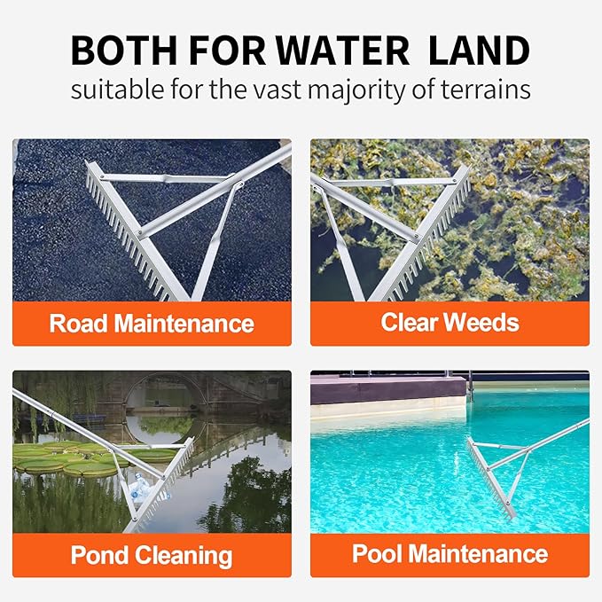 36inches Head Aluminum Landscape Rake Landscape Rake with 104 inches Long Handle for Loosening Soil Lawn Care Weeding Lake Garden(36" Handle)