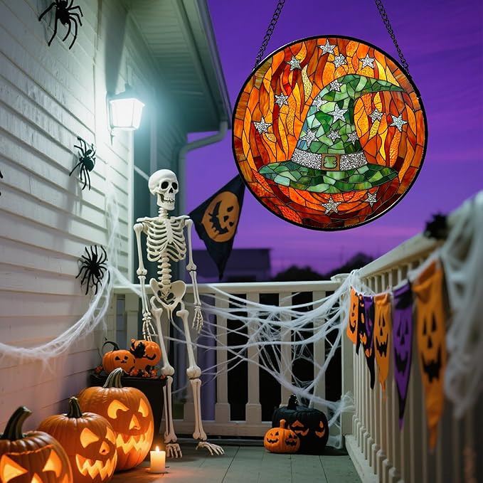 Stained Glass Window Hanging - Halloween Decorations Witch Hat Suncatcher for Doors Garden Indoor Spooky Funny Green Sun Catchers Gothic Decor Horror Gifts for Women Men Friend 11.8 in