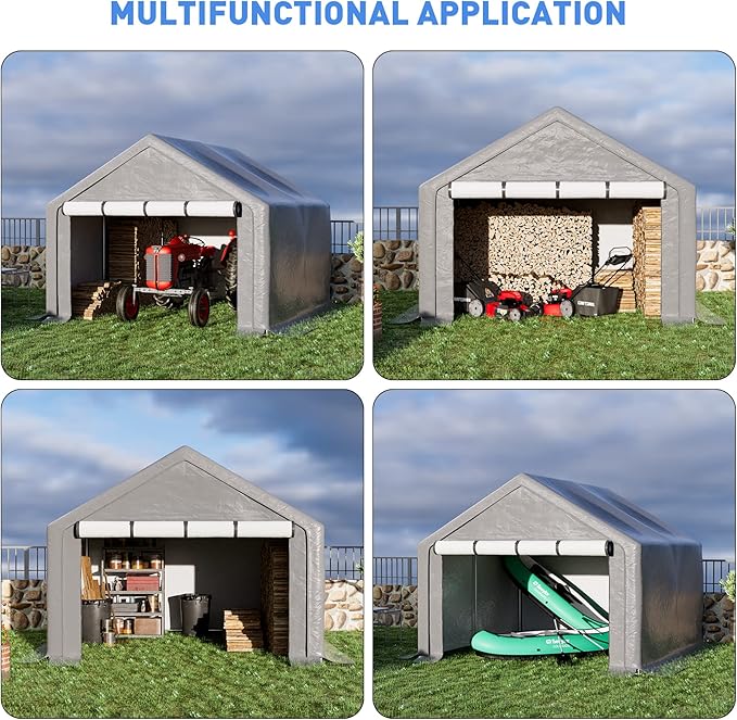 Outdoor Storage Shelter, 10x10 ft Portable Shed with Roll up Zipper Door, Waterproof and UV Resistant Anti-Snow, Heavy Duty Carport for Storing Garden Tools, Outdoor Equipment